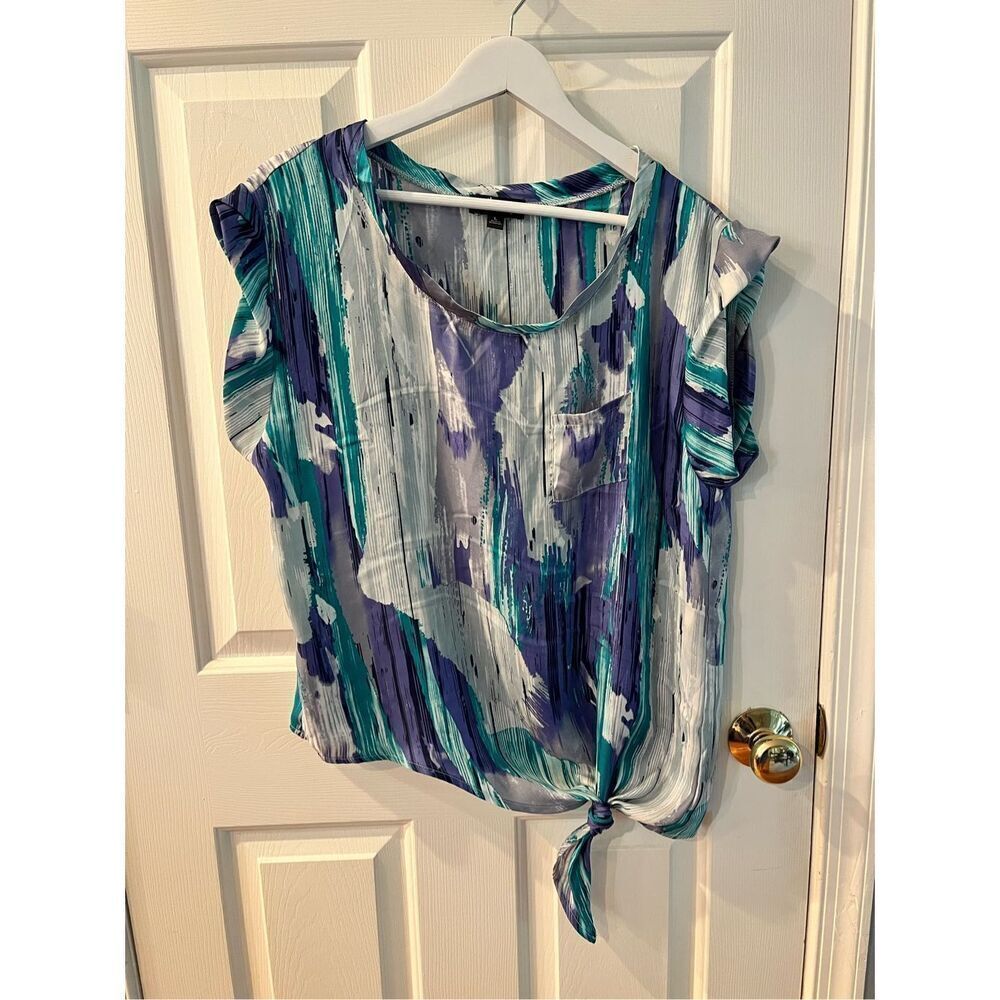 Hale Bob Asymmetrical Hem Green & Purple Scoop Sleeveless Blouse sz L EUC